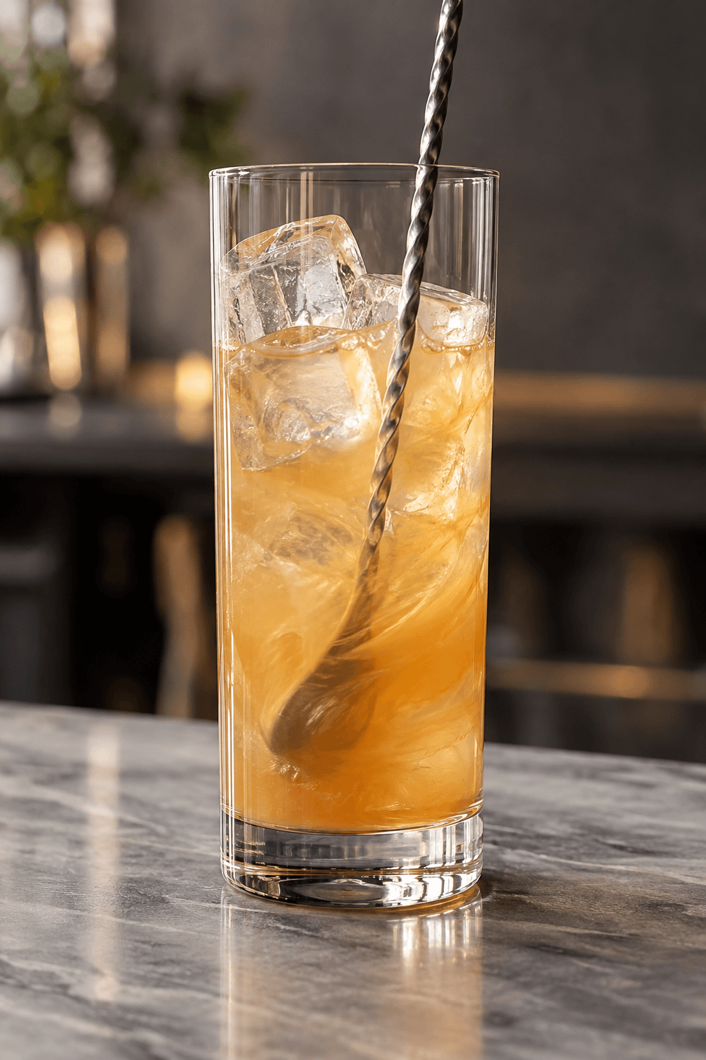 Whiskylikør, fersken, citron og ingefærsirup røres over is i ét Collins-glas