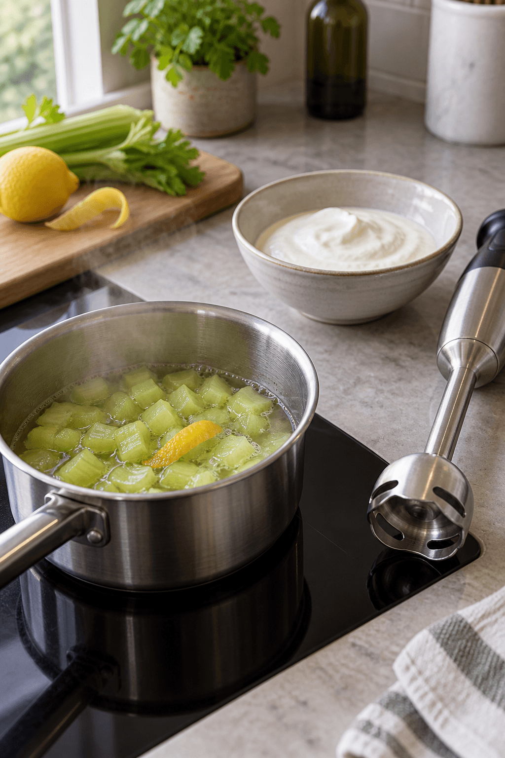Bladselleri og citronskal simrer i én gryde ved siden af yoghurt og stavblender