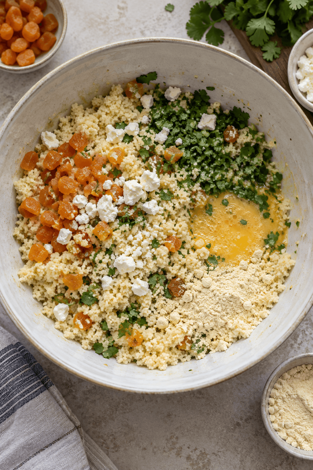 Afkølet couscous blandes med abrikos, feta, koriander, æg og kikærtemel i én skål