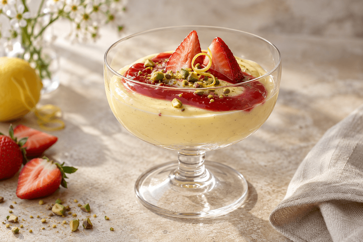 Crema pasticcera med jordbærcoulis, pistacie og frisk jordbær