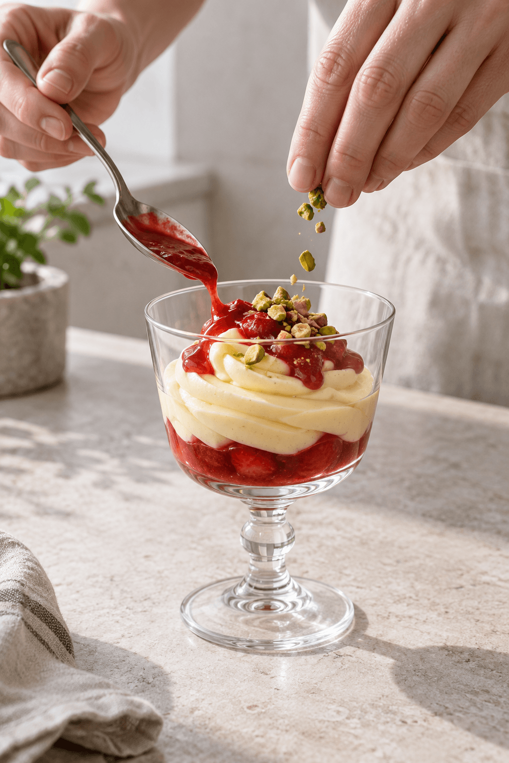 Vaniljecreme, jordbærcoulis og pistacie samles i ét dessertglas