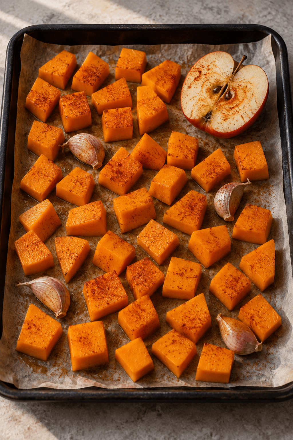 Hokkaidotern, et halveret æble og fire hvidløgsfed bages med røget paprika på én plade