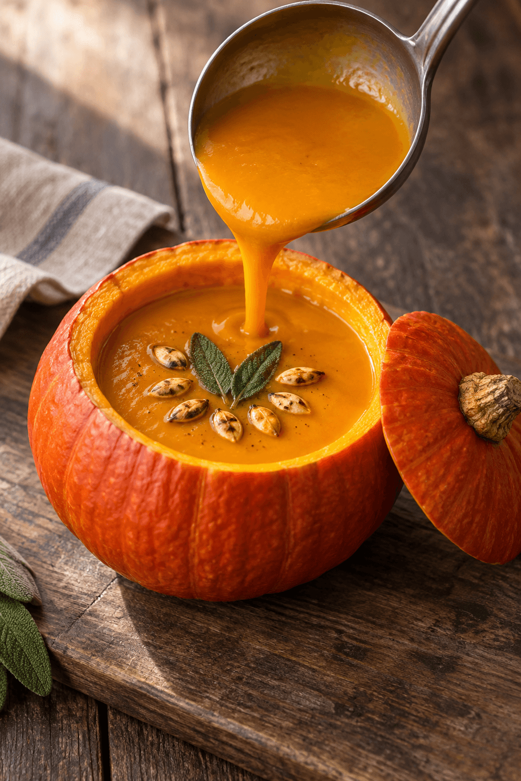 Glat orange suppe fyldes med én øse i ét udhulet hokkaidogræskar