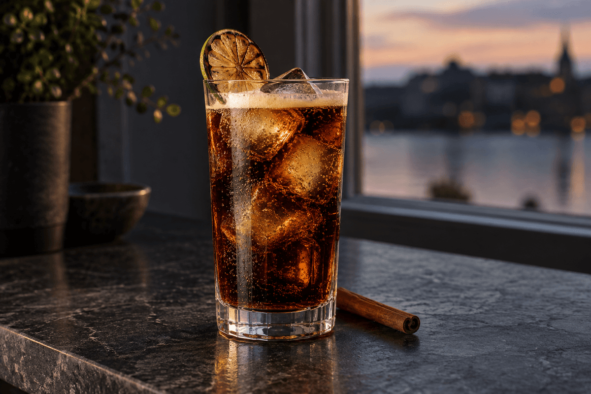 Cuba Libre med brun rom, cola, klar is, grillet lime og kanel