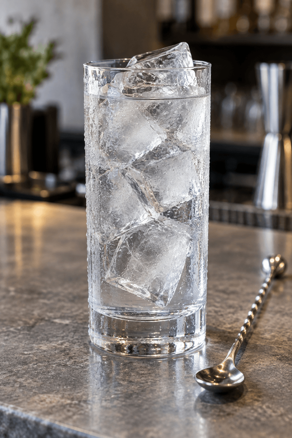 Ét highballglas køles helt ned med store klare isterninger og vand