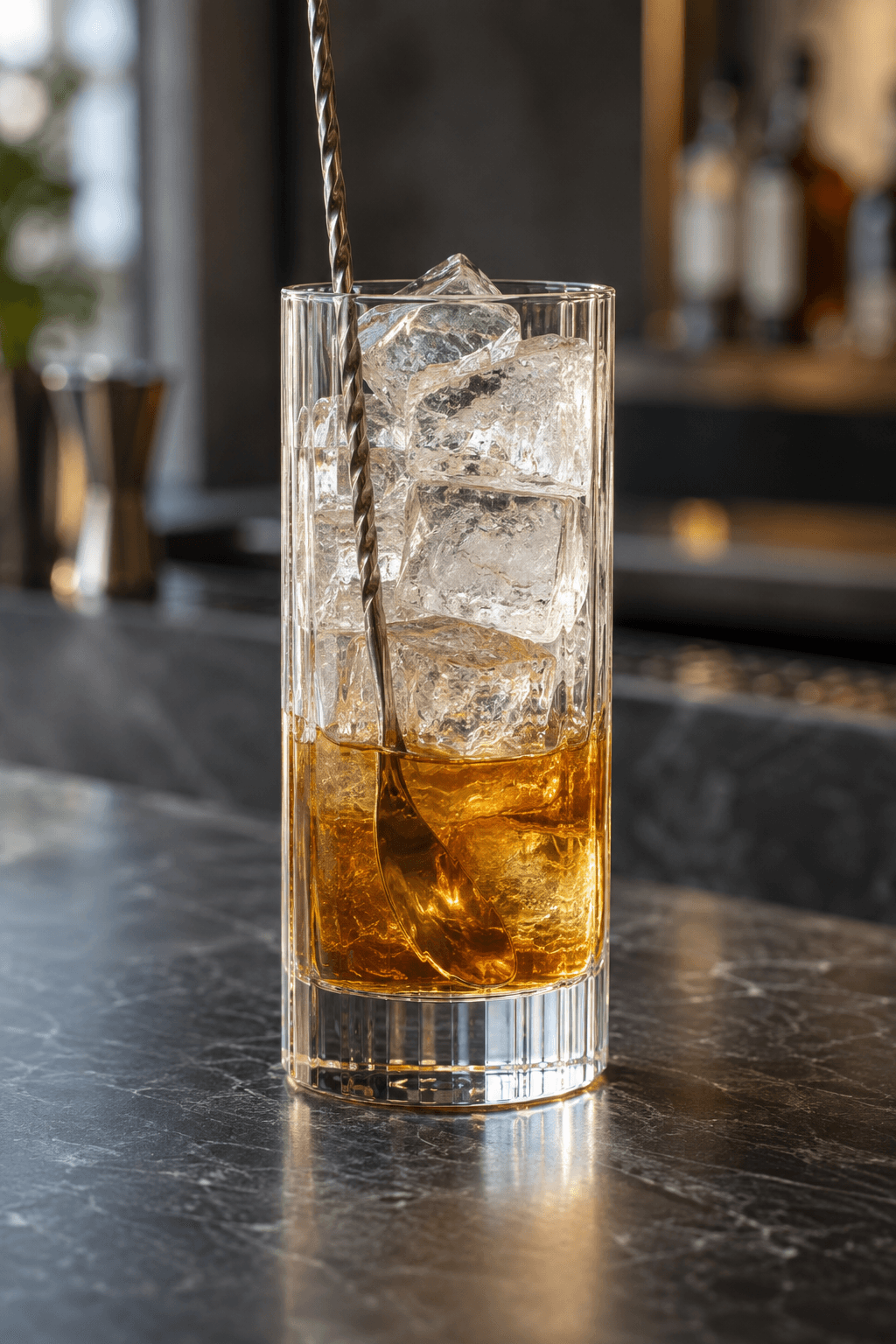 Brun rom, lime, kanelsirup og bitters røres over is i ét højt glas