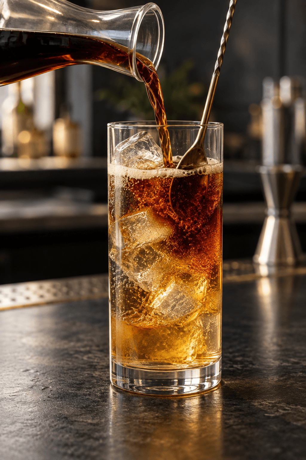 Iskold cola hældes langsomt i én gylden rom-lime-base over klar is