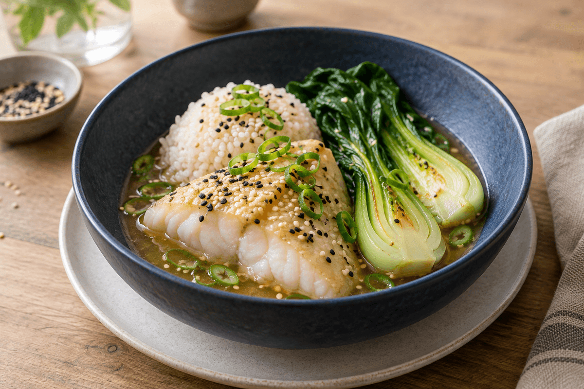 Dampet sej med miso-ingefærbouillon, sesamris og pak choi i én skål