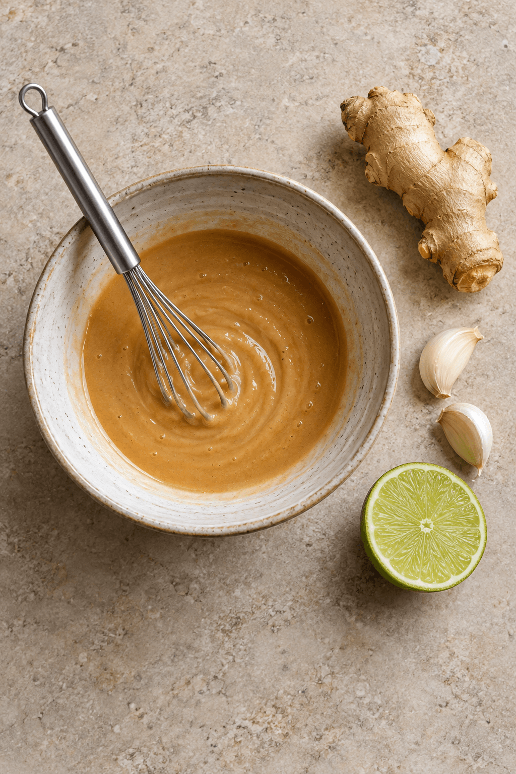 Miso-ingefærsauce piskes i én skål ved siden af ingefær, hvidløg og lime