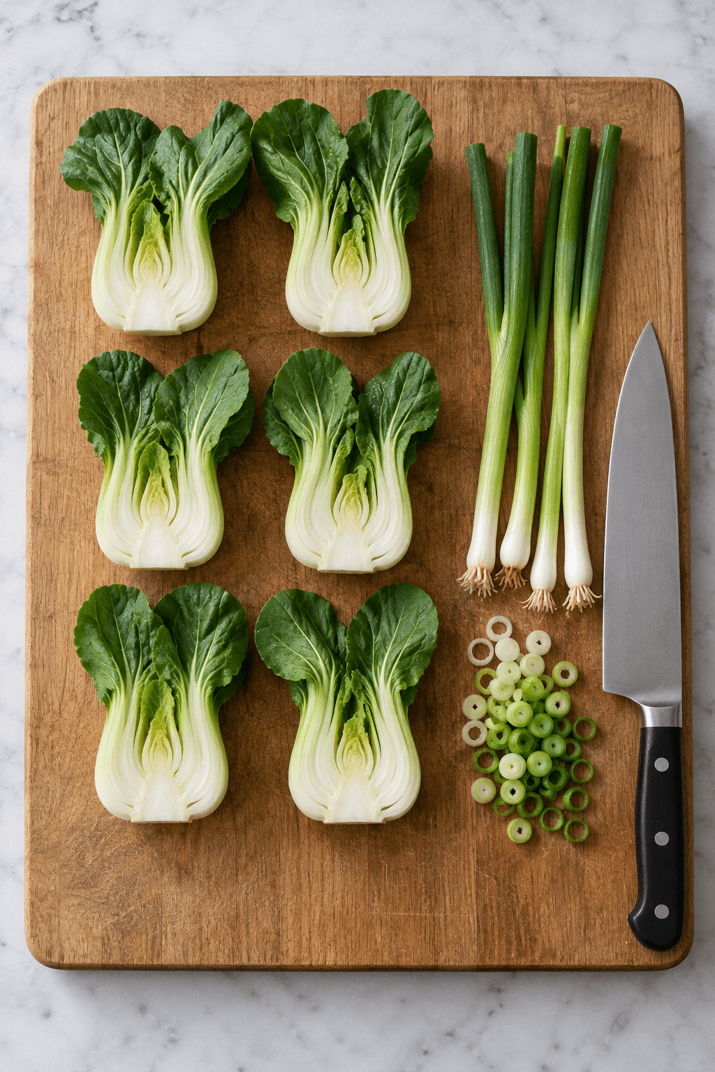 Pak choi-halvdele og fire forårsløg klargøres på ét bræt