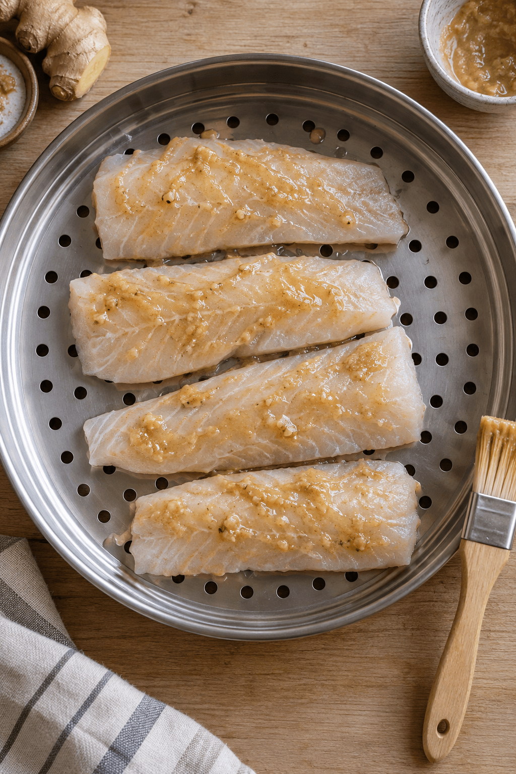 Fire rå sejfileter med miso-ingefærsauce på én dampindsats