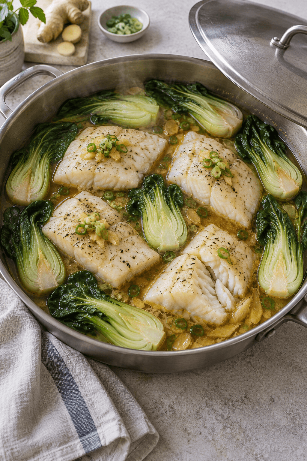 Fire sejfileter dampes med pak choi i miso-ingefærbouillon i én pande