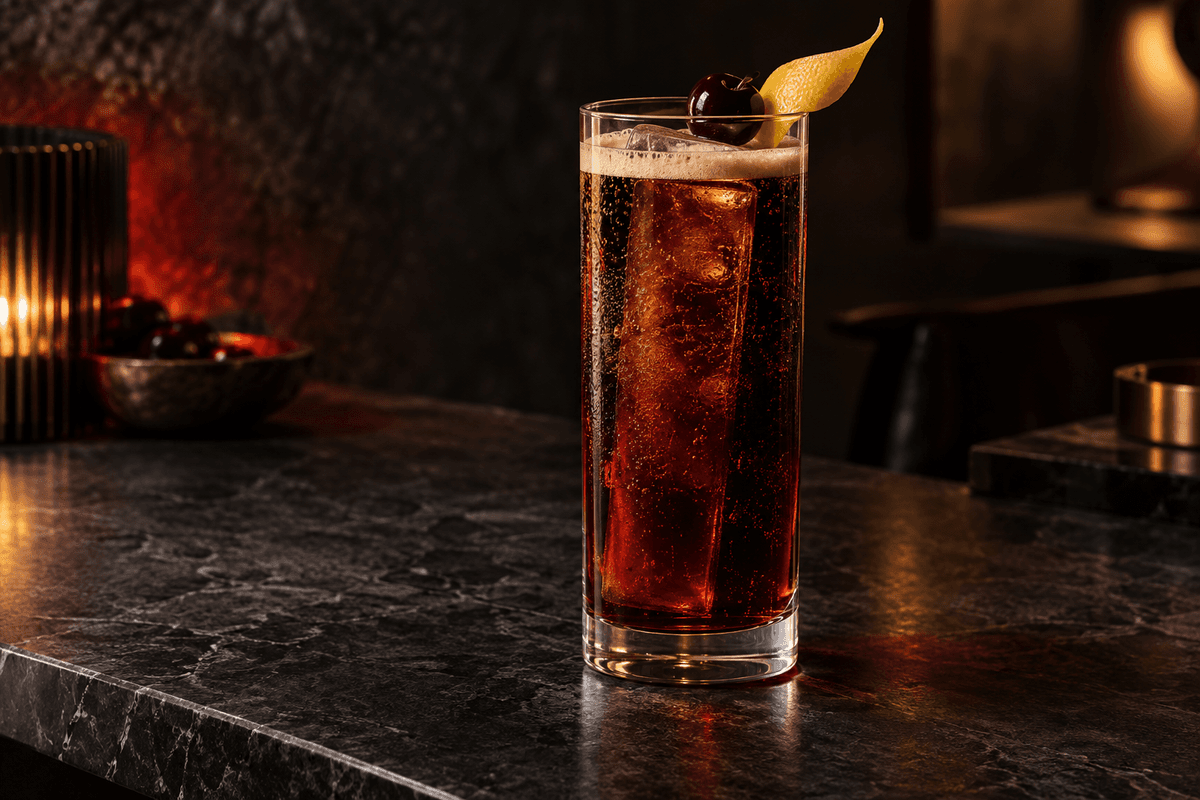 Darth Vader-cocktail med mørk rom, kaffe, kirsebær og kryddercola