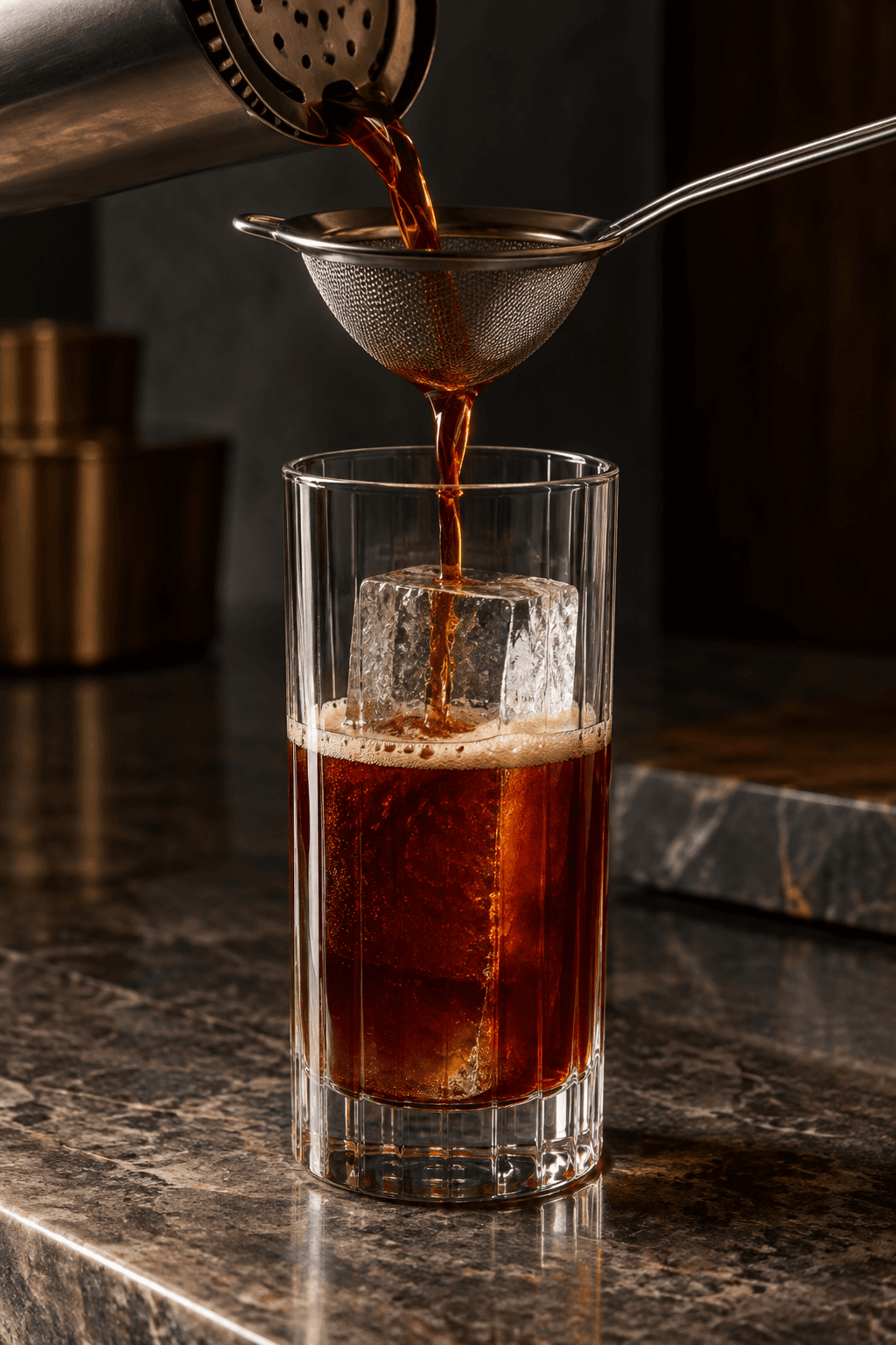 Mørk cocktailbase dobbelt-sies over én klar isstav i et highballglas