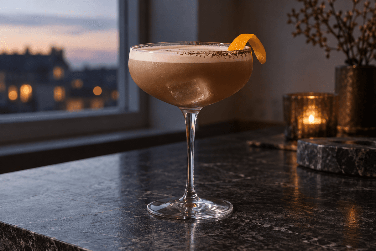 Dea Lea-cocktail med espresso, appelsintwist, halv kakaokant og én stor isterning