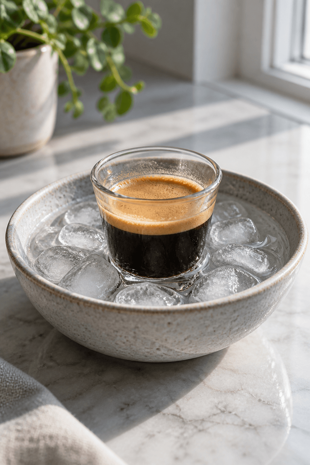 Et lille glas frisk espresso afkøles hurtigt i en skål med isvand