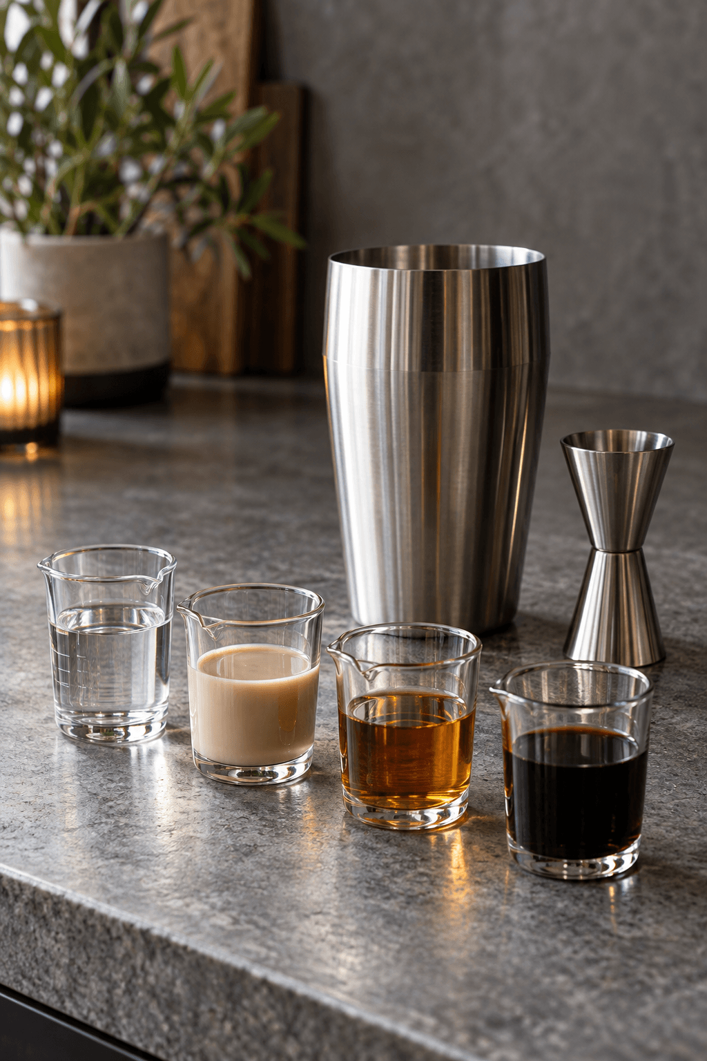 Vodka, irsk flødelikør, amaretto og kakaolikør måles ved en tom shaker