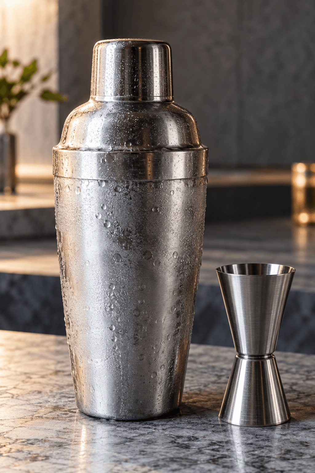 Lukket, dugget cocktailshaker med Dea Lea-blanding og is