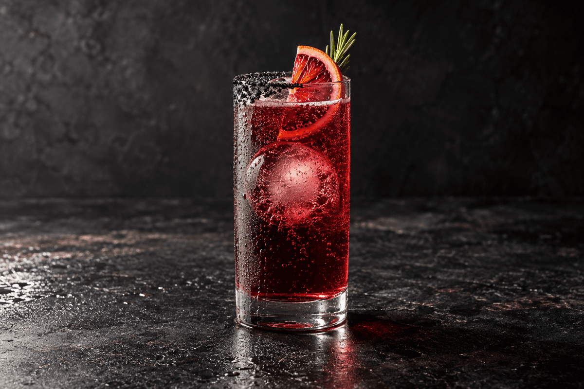 Death Star-cocktail med mørk rom, solbær og blodappelsin