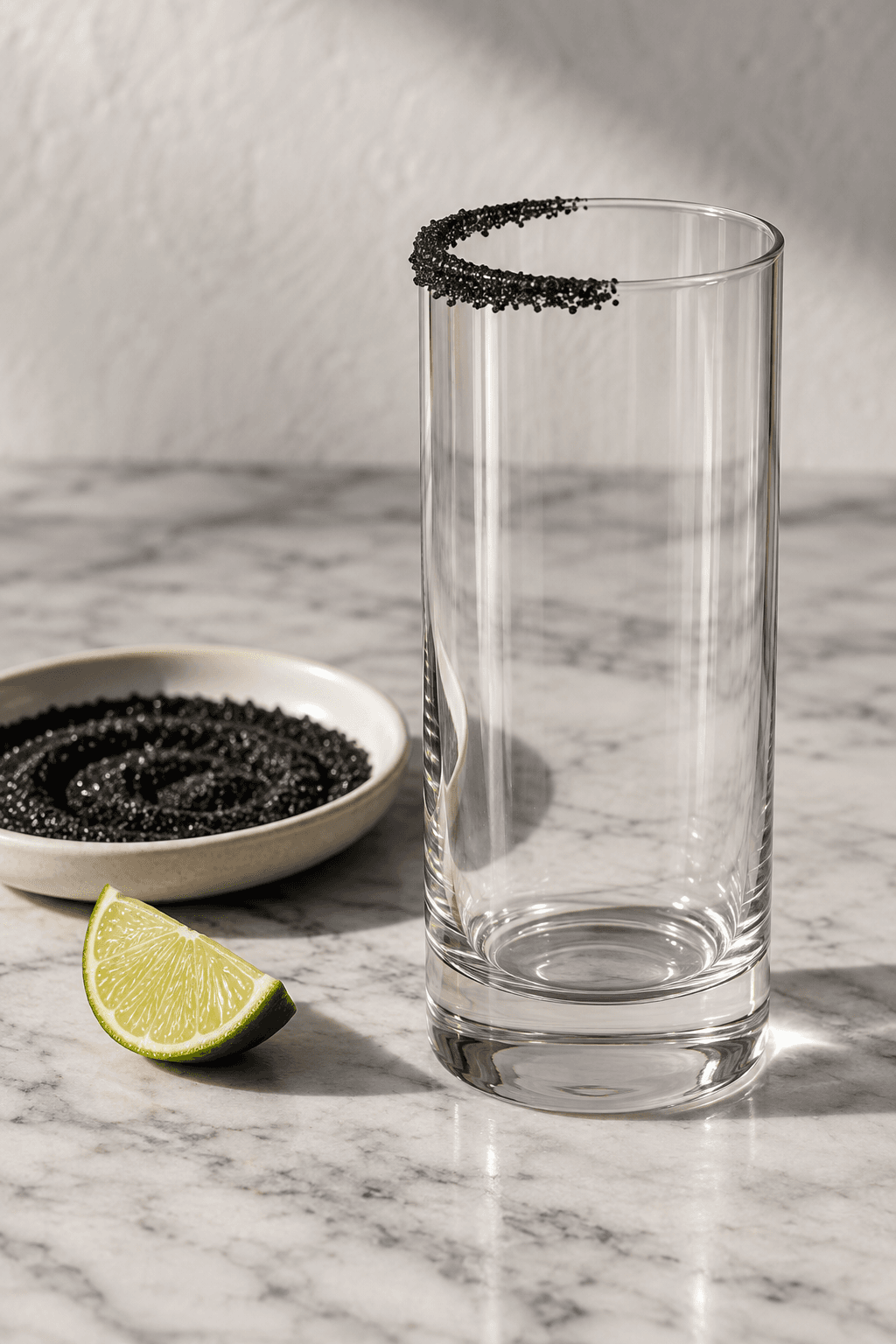 Tomt highballglas med sort kakao-sukker på halvdelen af den øverste glaskant