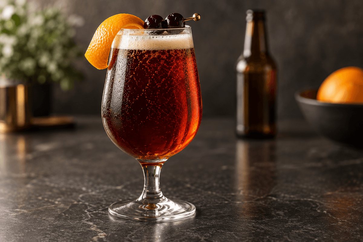 Doctor Pepper-ølcocktail med rav-rød farve, appelsinskal og to kirsebær