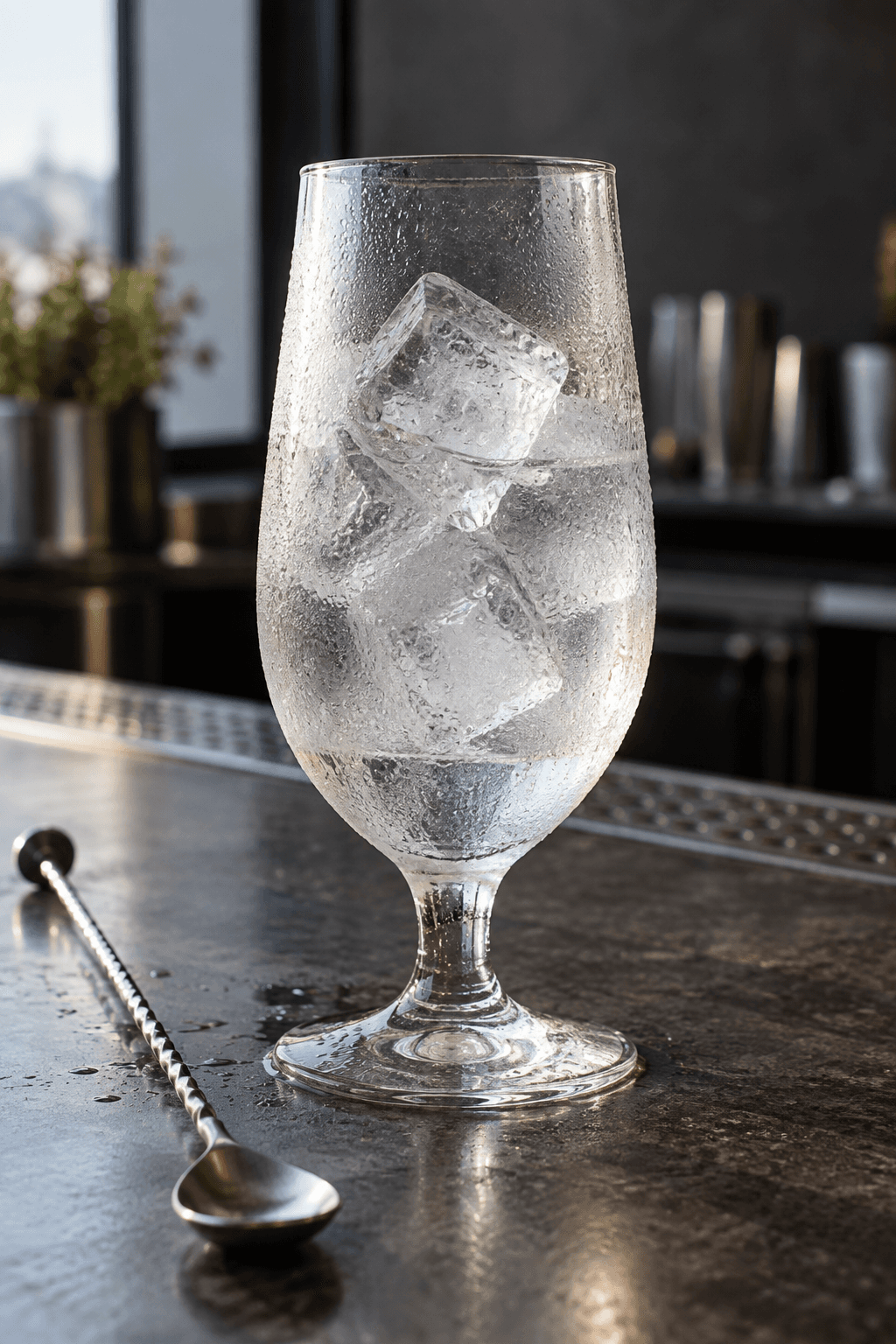 Ét ølglas køles med klare isterninger og iskoldt vand