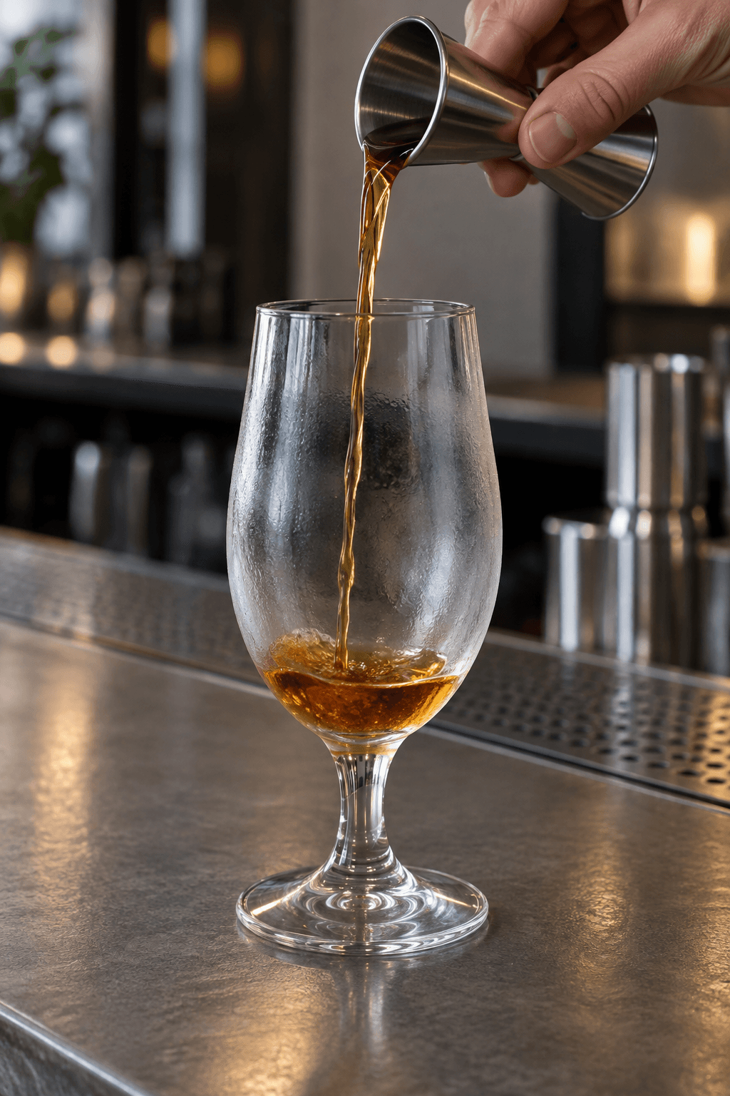 Amaretto og mørk rom måles fra en jigger i ét koldt ølglas