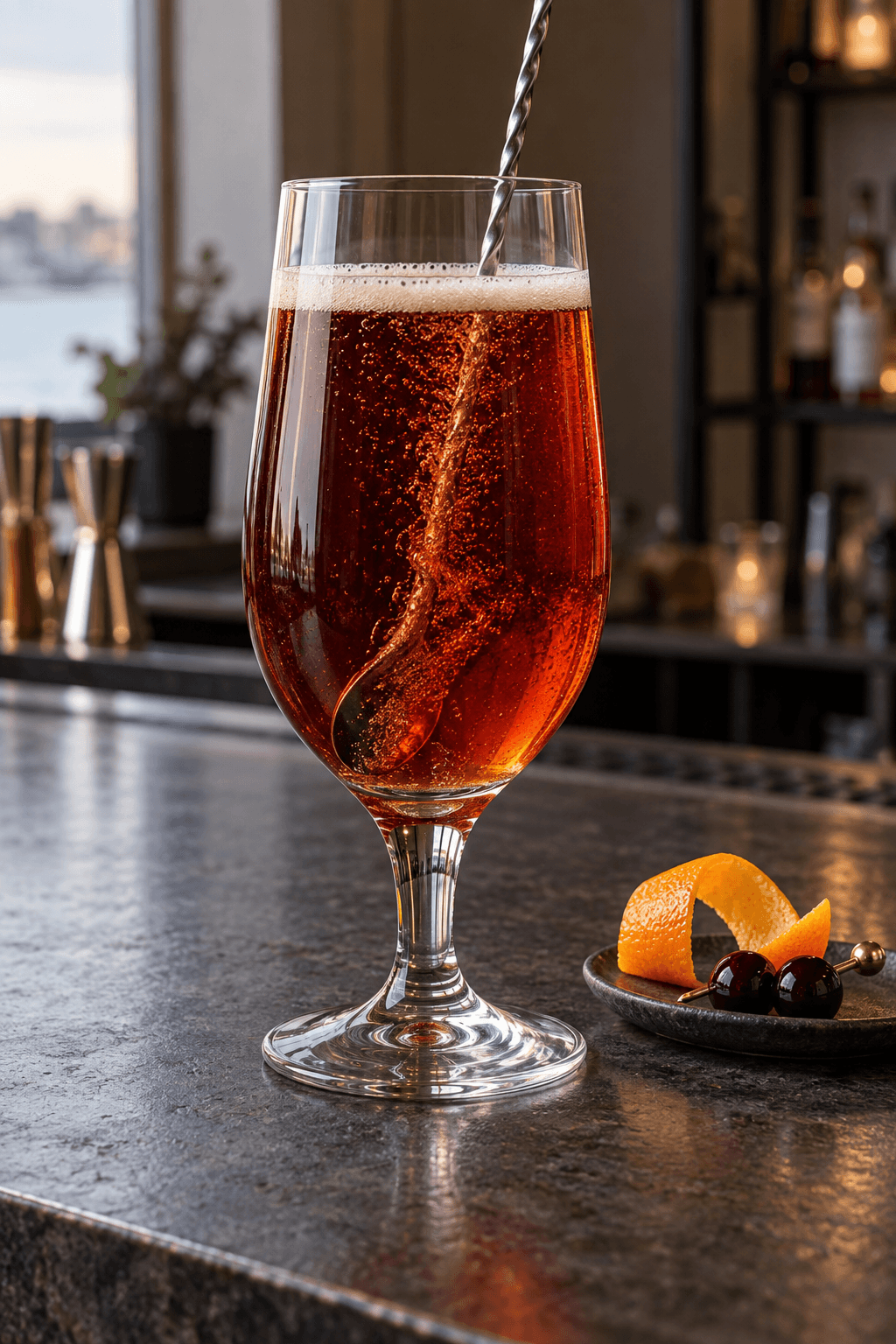 Én rav-rød ølcocktail løftes forsigtigt med barske før appelsin og kirsebær tilsættes