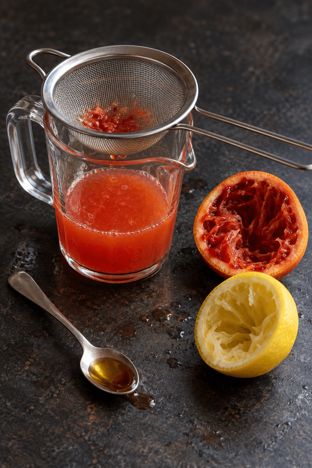 Blodappelsin- og citronsaft sies til en rubin-orange base med lidt ahorn