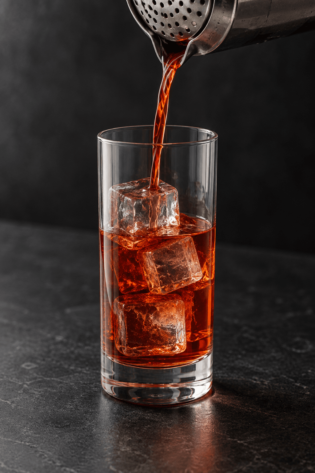 Rav-rød cocktail sies fra én shaker over fire store isterninger i ét highballglas