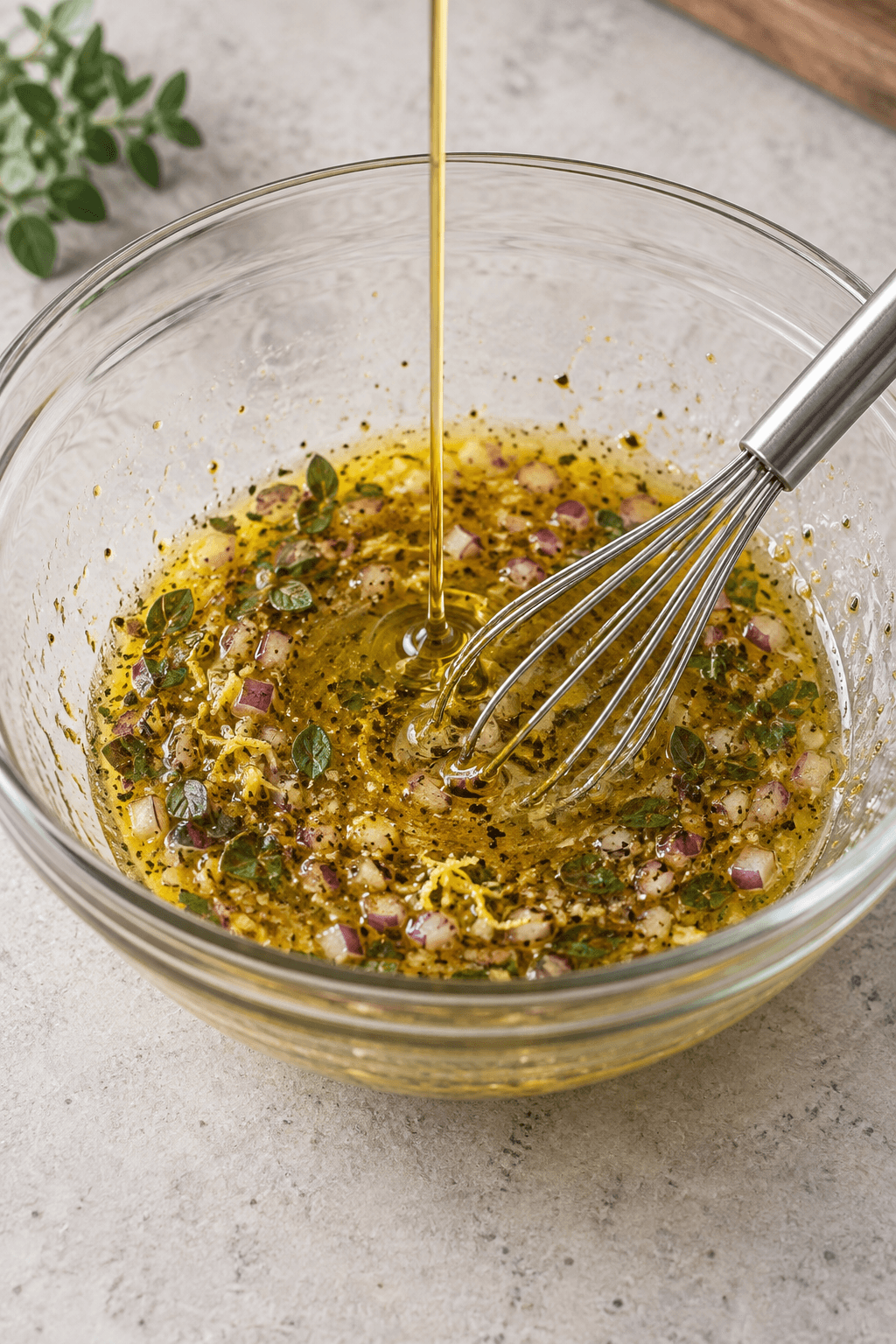 Olivenolie piskes i rødvinseddike med oregano, rødløg, hvidløg og citronskal