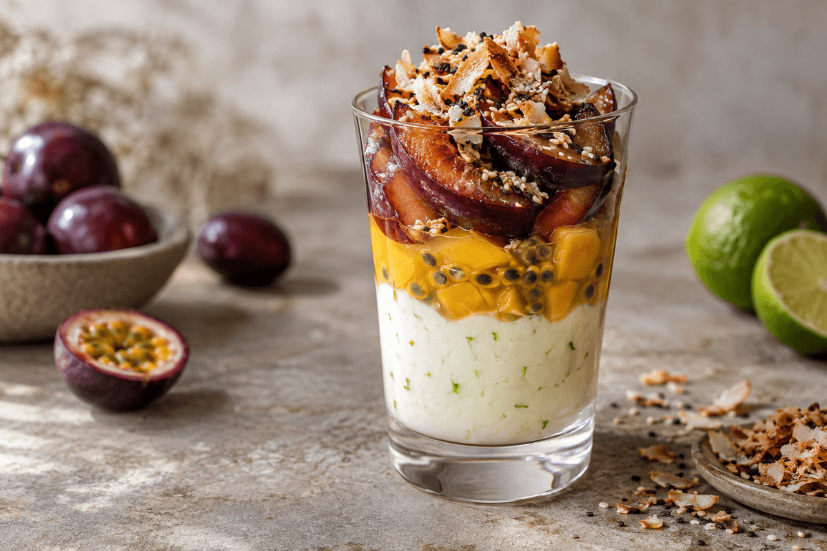 Eksotisk blommedessert med lime-kokoscreme, mango, passionsfrugt og sesamknas