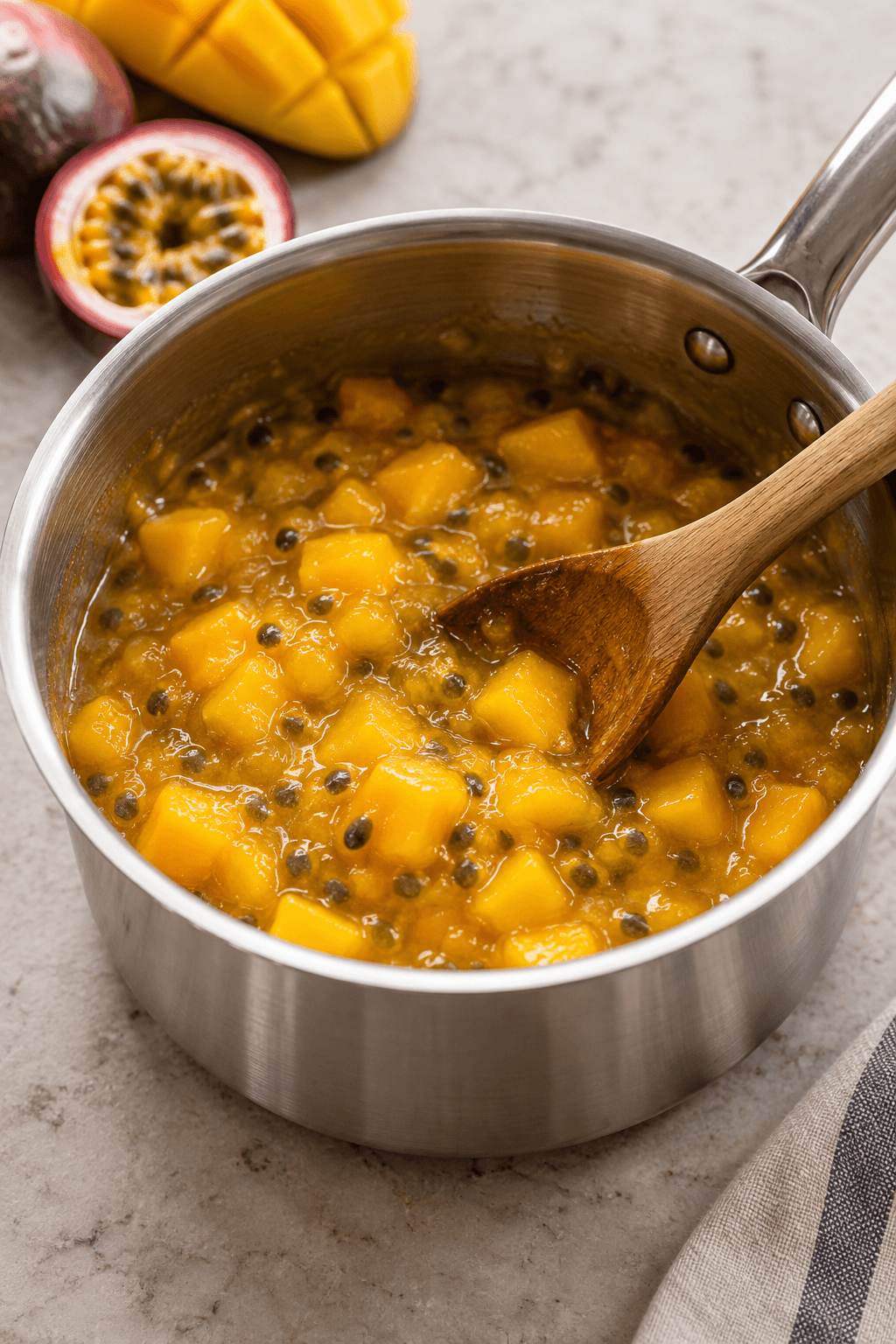 Mango og passionsfrugt koges til grov gylden kompot i én gryde