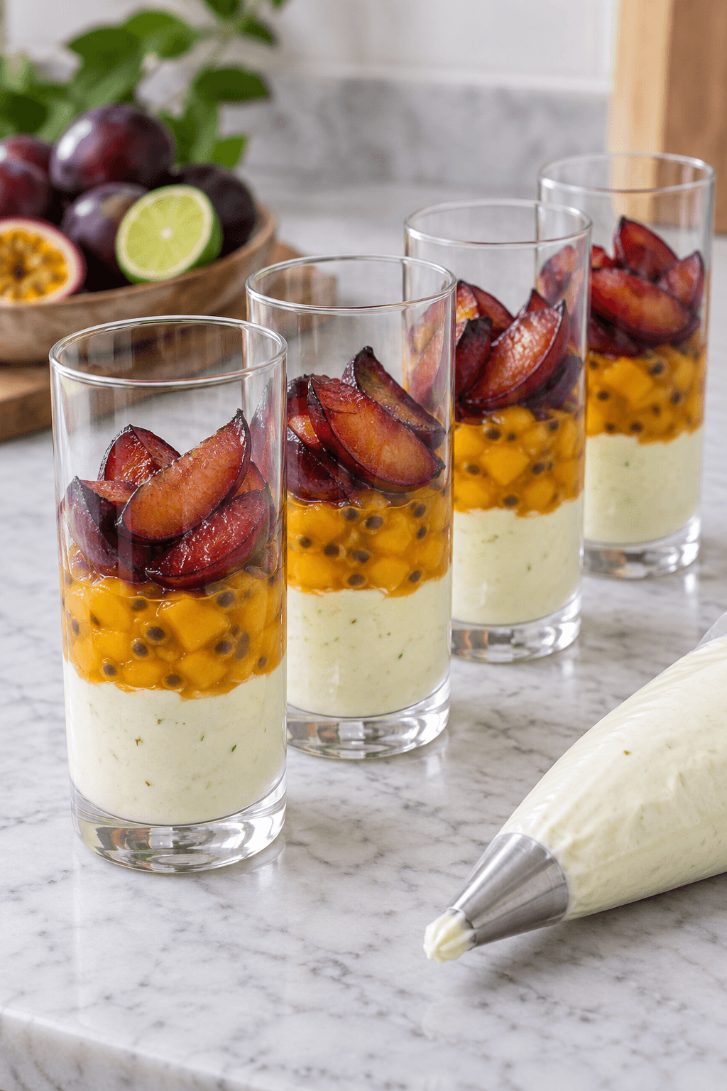 Fire høje glas lagdeles med lime-kokoscreme, mango-passionsfrugt og blomme