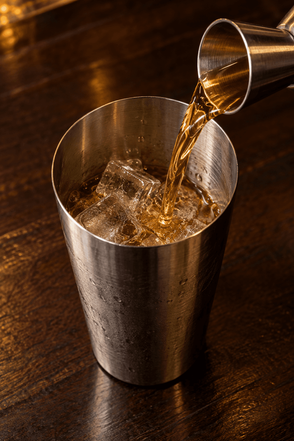 Tequila og kaffecocktail måles over is i én åben metalshaker