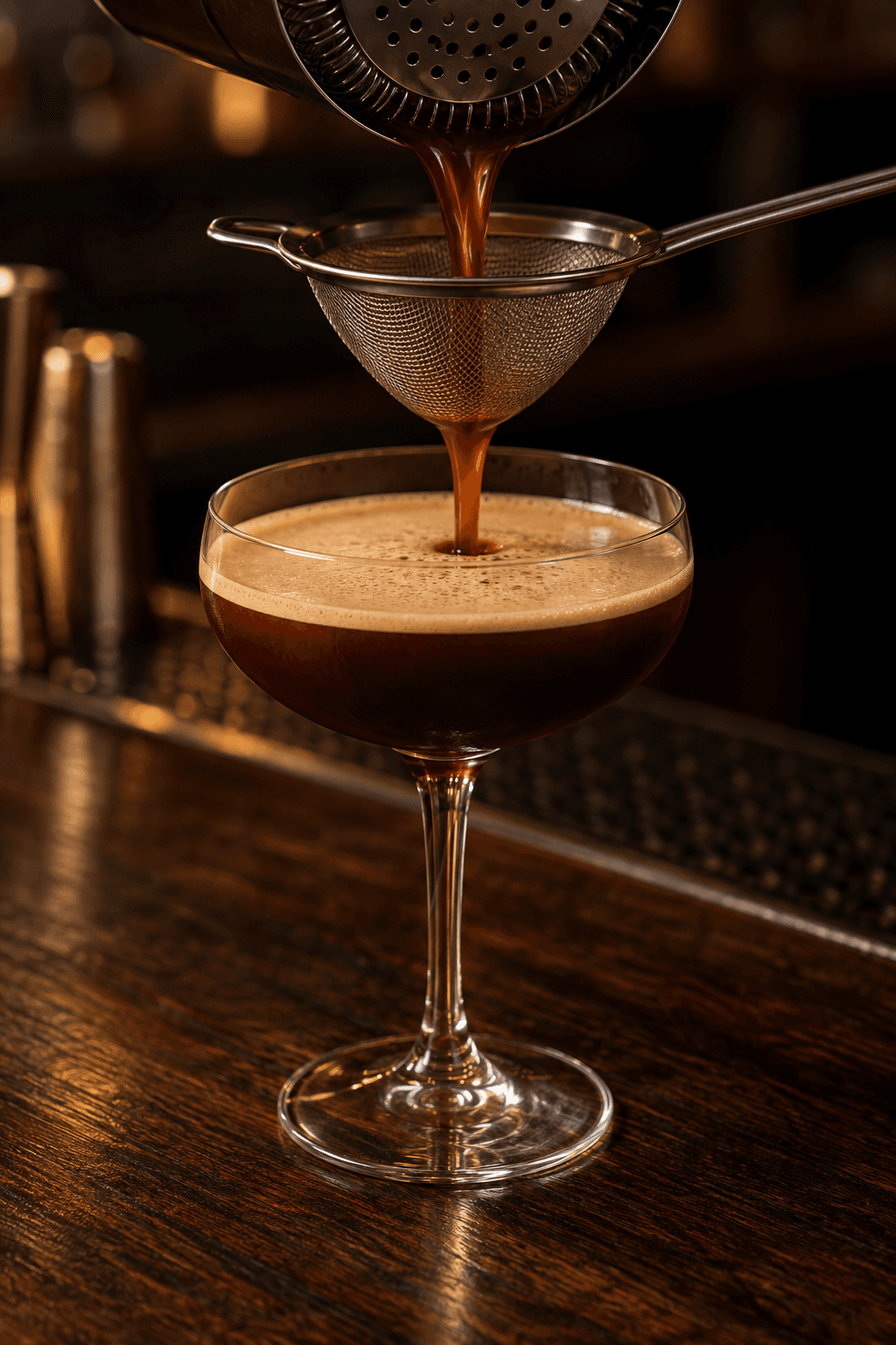 Mørk El Toro cocktail dobbelt-sies gennem to sier til ét coupeglas