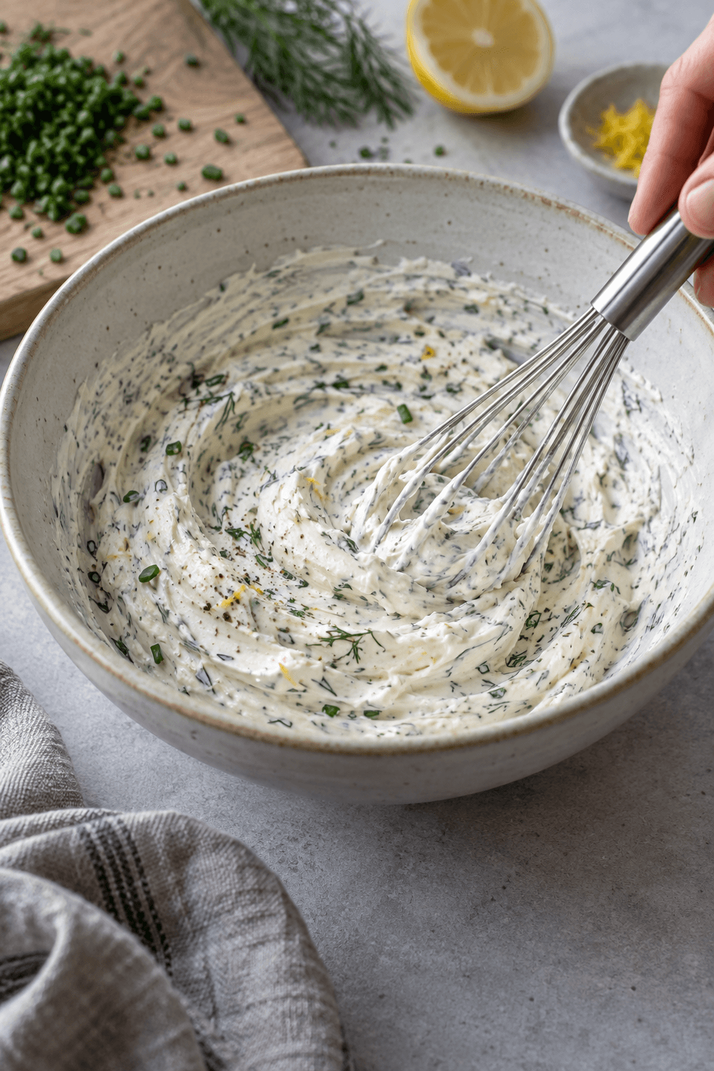 Flødeost og cremefraiche røres glat med dild, purløg, citron og peber
