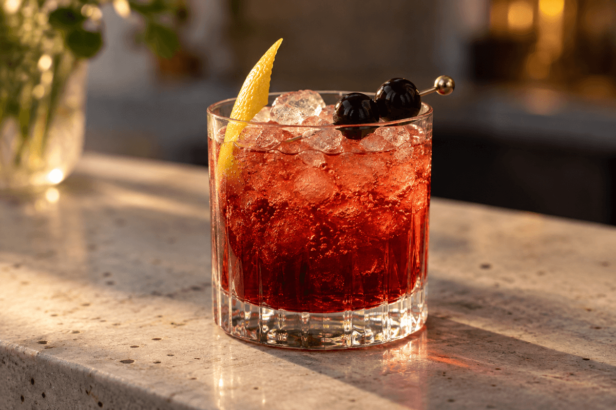 Rubinrød Face First-cocktail med knust is, citron og to kirsebær