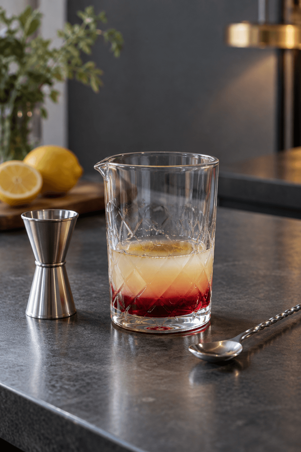 Grenadine, citron og ingefærsirup blandes i ét lille mixerglas