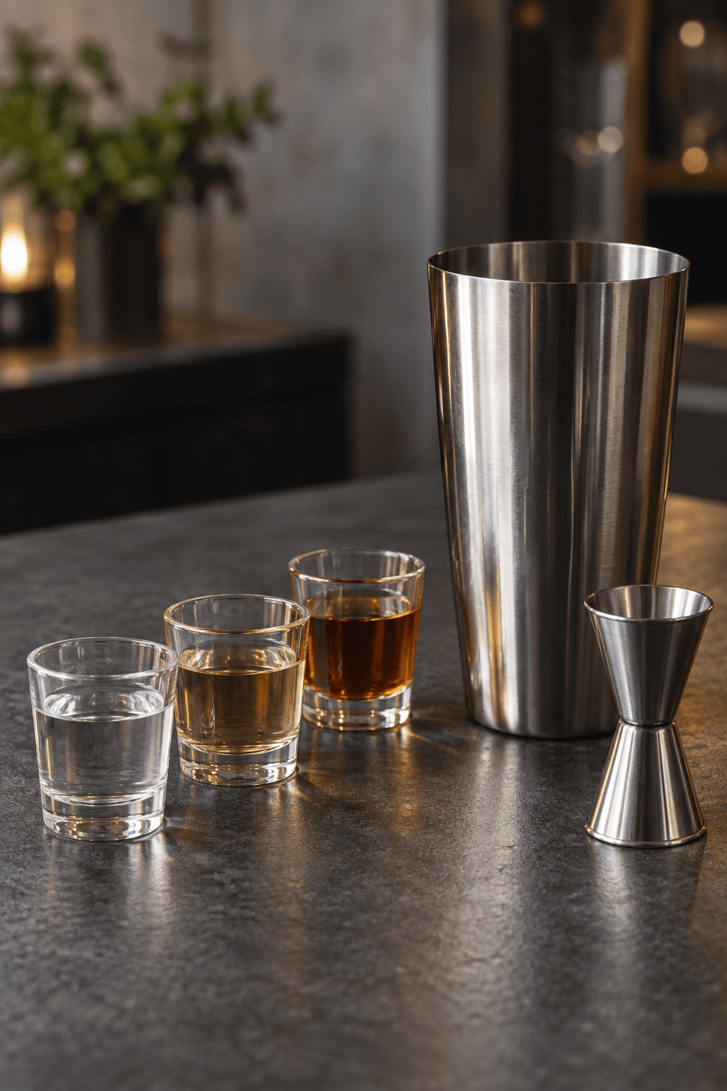 Gin, lys rom og bourbon står præcist afmålt ved én cocktailshaker