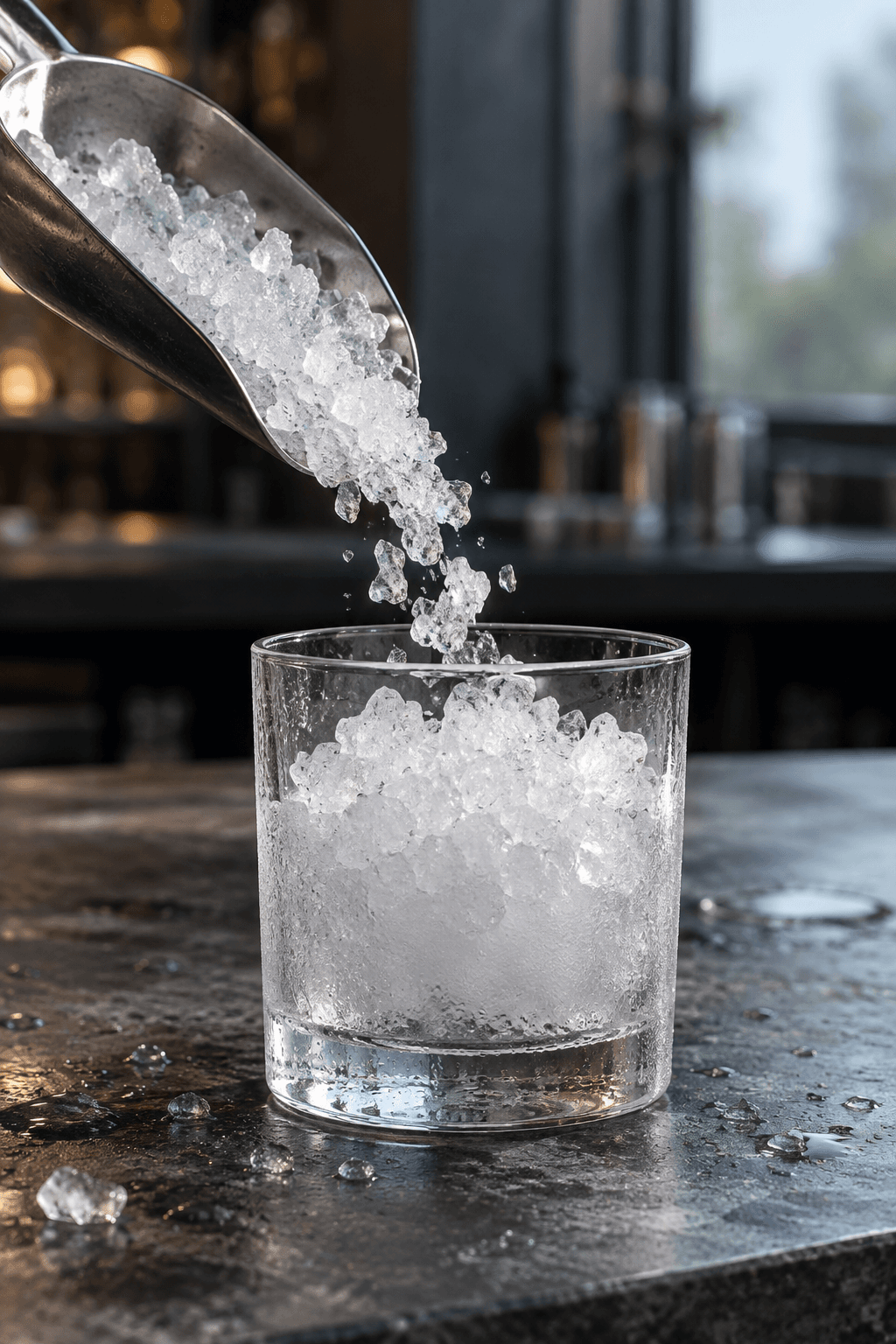 Ét rocks-glas fyldes trekvart med frisk knust is