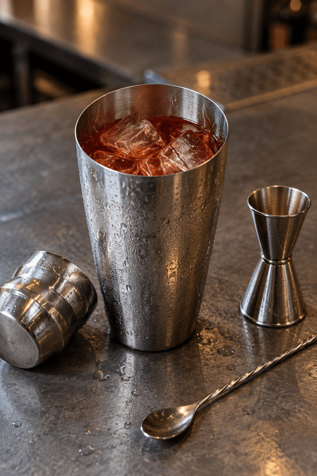 Rubinfarvet Face First-base shakes med store isterninger i én shaker