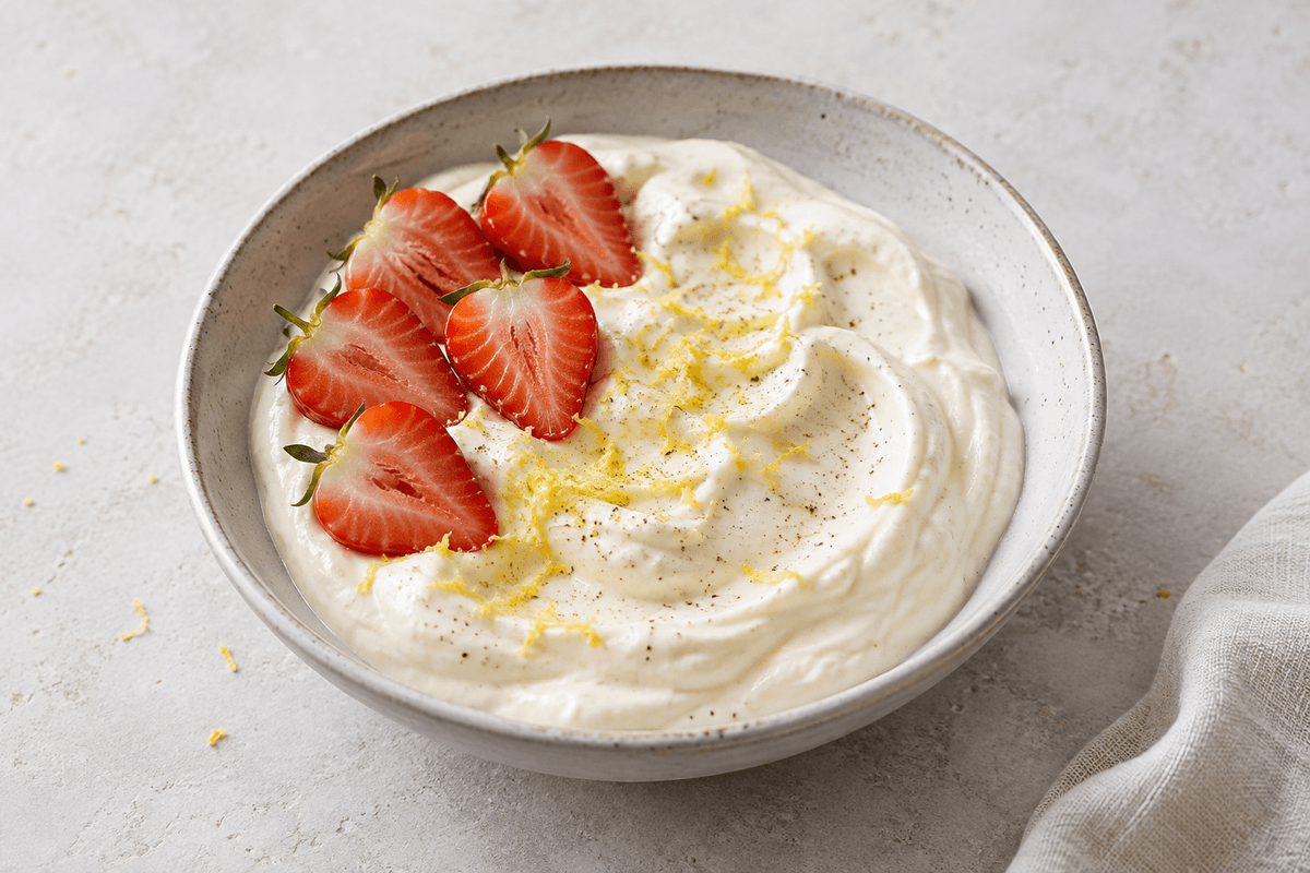 Fedtfattig vanilje-skyr-råcreme med citronskal og fem jordbærhalve i én skål