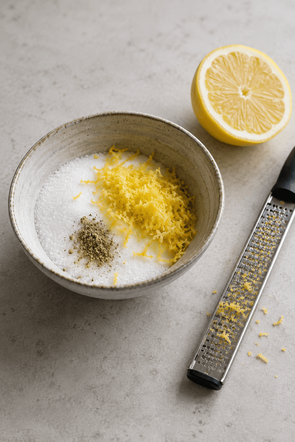 Citron-kardemommesukker i én skål med én citronhalvdel og ét rivejern