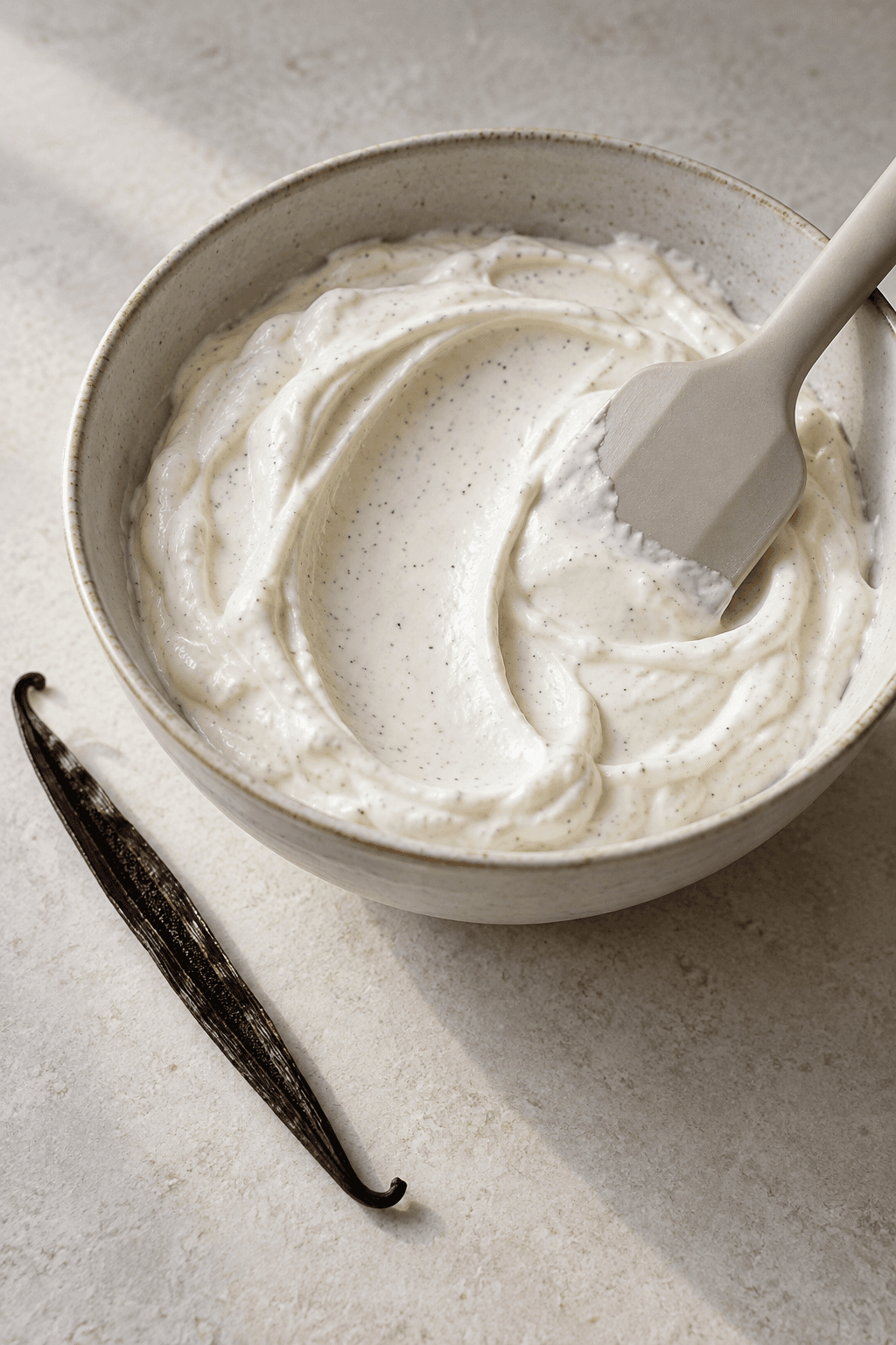 Skyr med vaniljekorn røres glat i én skål med én spatula