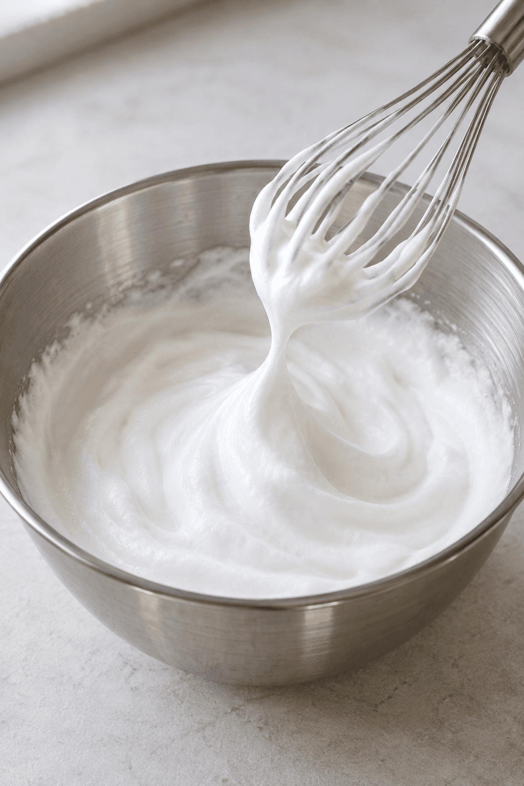 Pasteuriserede æggehvider pisket til en blød top i én metalskål