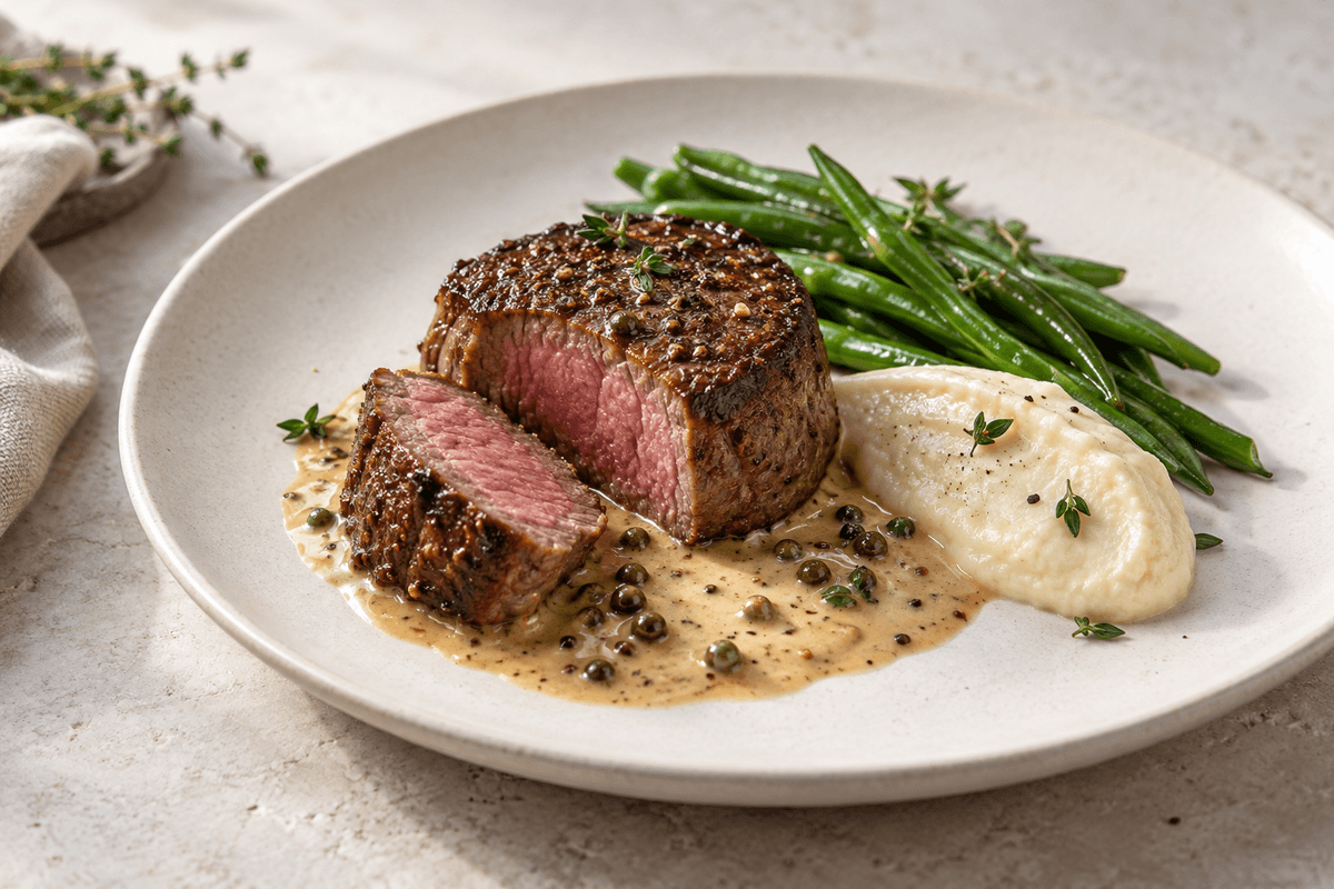 Filet mignon med grøn peberkorns-sennepssauce, blomkålspuré og bønner