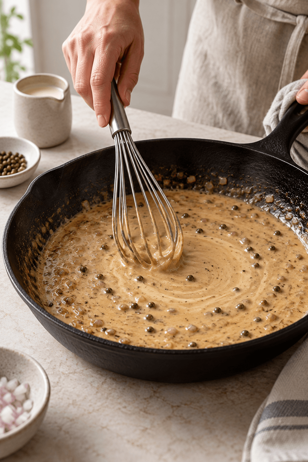 Grøn peberkorns-dijonsauce piskes blank i bøfpanden