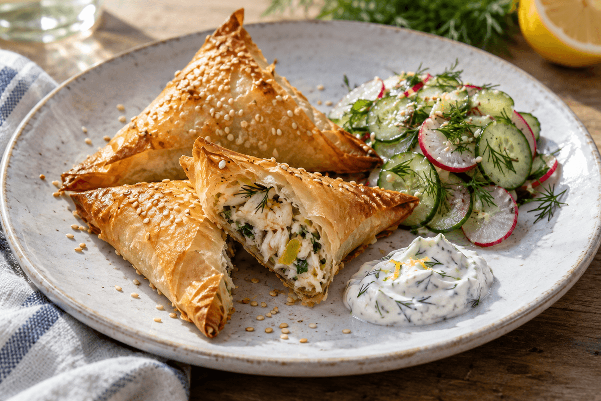 Filotrekanter med krabbe, fennikel, citron, dild, yoghurt og agurkesalat