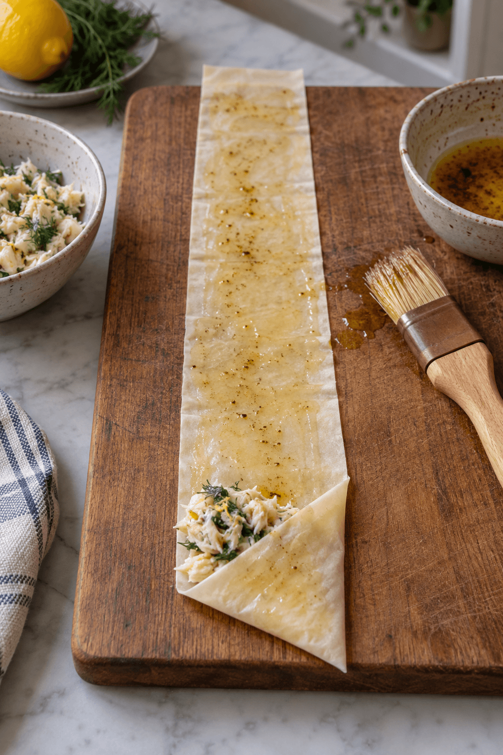 En smørpenslet filostrimmel foldes om krabbefyld til en trekant